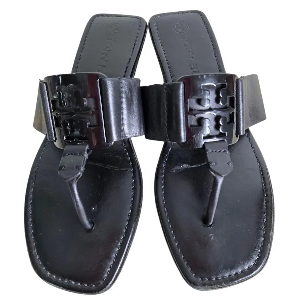 Tory Burch Georgia Sandal Black Thong Square Toe Flats Double T Logo Medallion 9